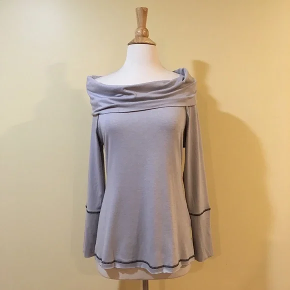 💥 SALE Fold Over Cowl Neck Off Shoulder Contrast Stitch Knit Top Grey - Picture 2 of 6